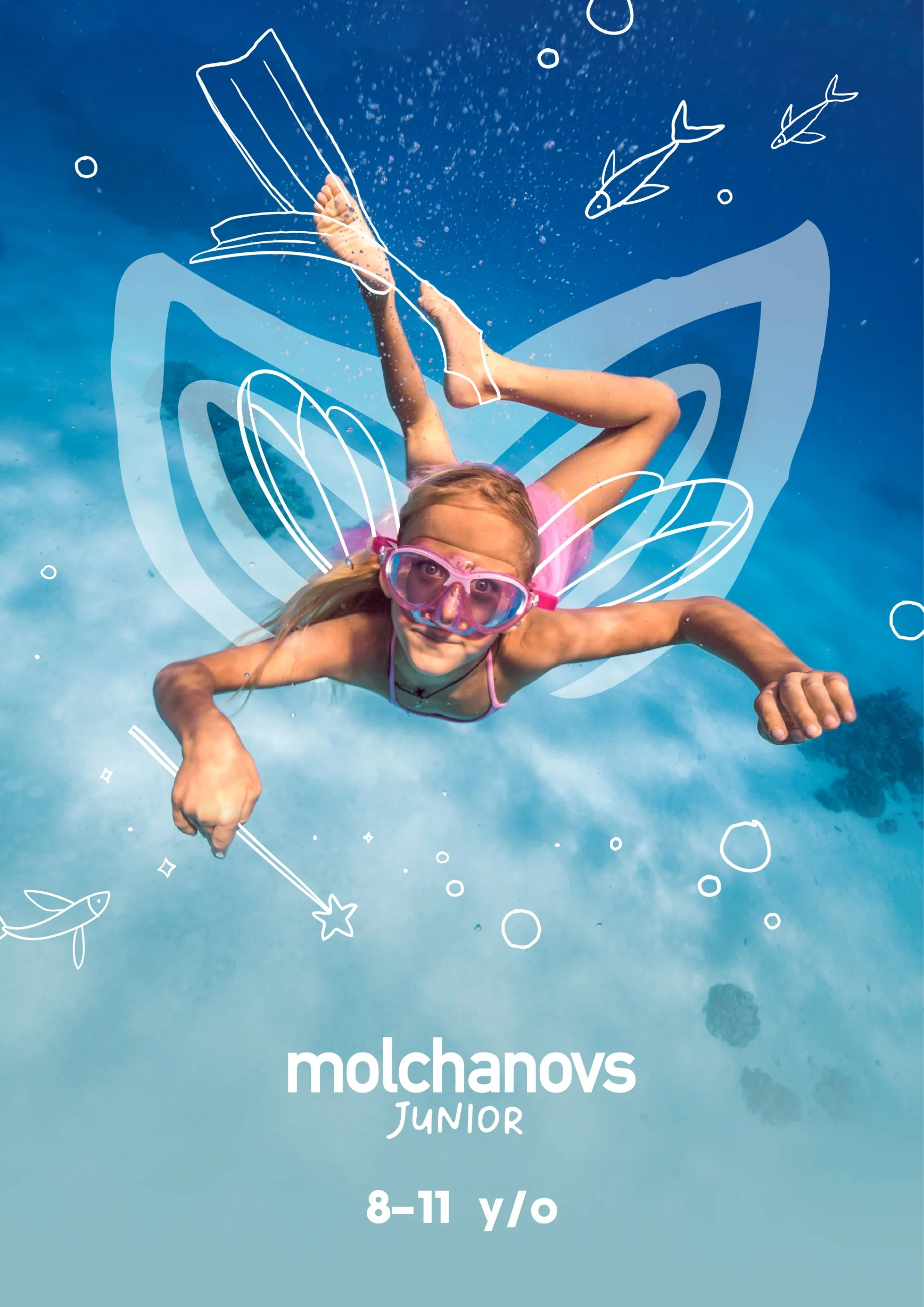 Child freediving underwater with a Molchanovs Junior program overlay, ages 8 to 11