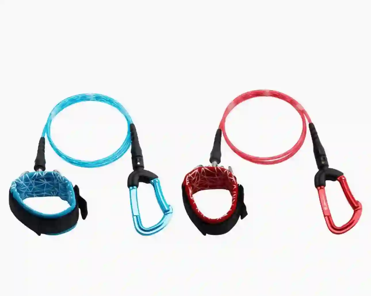 Two freediving lanyards with carabiners, in blue and red